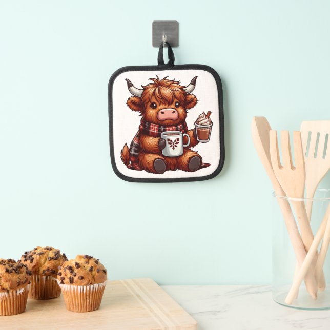 Adorable Highland Cow Enjoying Cosy Beverages Pot Holder (Insitu(Hanging))