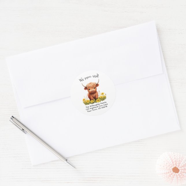 Adorable Highland Cow New Address  Classic Round Sticker (Envelope)