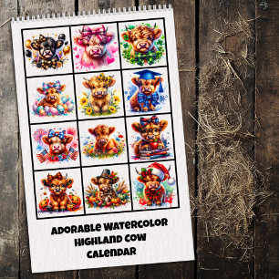 Adorable Highland Cow Watercolor Calendar