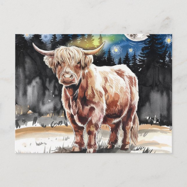 Adorable Highland Cow Watercolor Postcard (Front)