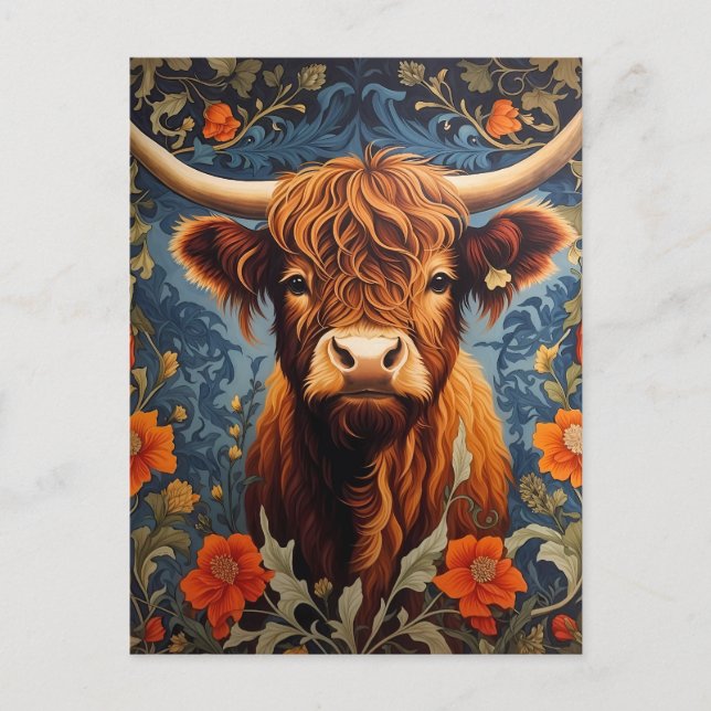 Adorable Highlands Cow William Morris Inspired Postcard (Front)