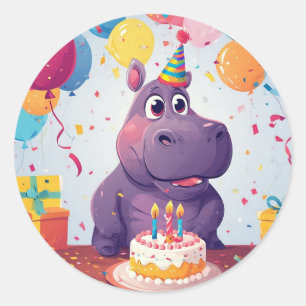Adorable Hippo Celebrating Birthday with Cake Classic Round Sticker