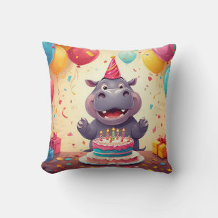 Adorable Hippo Celebrating Birthday with Cake Cushion