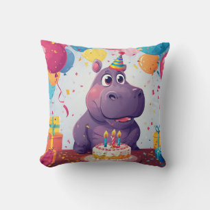 Adorable Hippo Celebrating Birthday with Cake Cushion