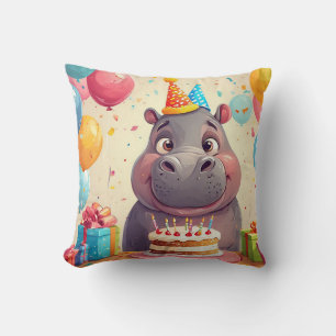 Adorable Hippo Celebrating Birthday with Cake Cushion