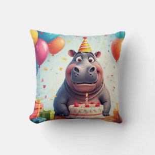 Adorable Hippo Celebrating Birthday with Cake Cushion