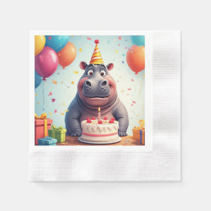 Adorable Hippo Celebrating Birthday with Cake Napkin