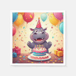 Adorable Hippo Celebrating Birthday with Cake Napkin