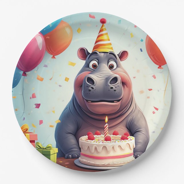 Adorable Hippo Celebrating Birthday with Cake Paper Plate (Front)