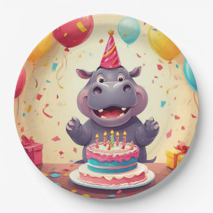 Adorable Hippo Celebrating Birthday with Cake Paper Plate