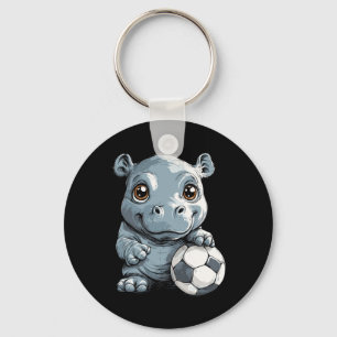 Adorable Hippo With Soccer Byll Art Key Ring