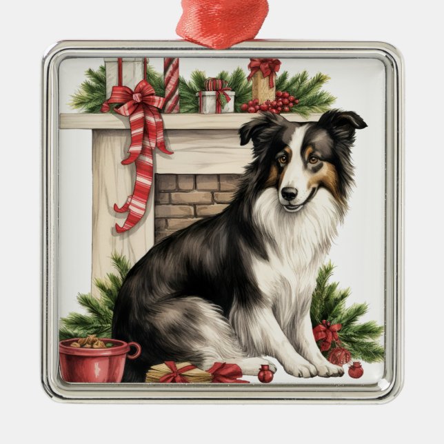 ADORABLE HOLIDAY CHRISTMAS BORDER COLLIE DOG METAL TREE DECORATION (Front)