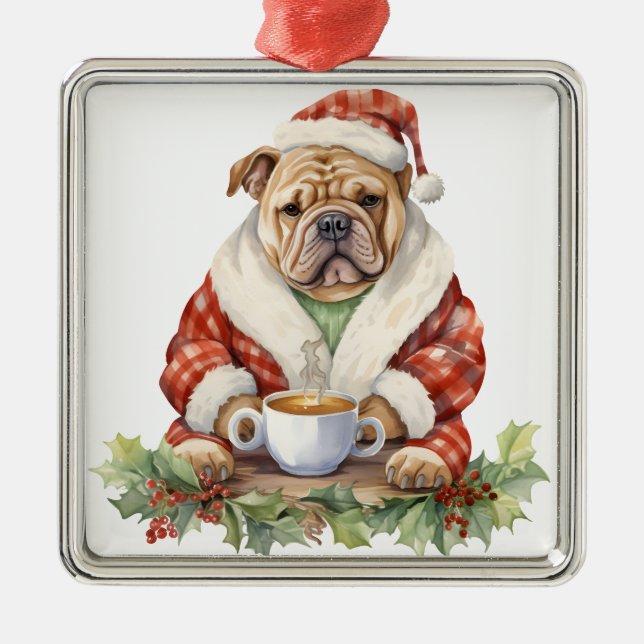 ADORABLE HOLIDAY CHRISTMAS BULLDOG DOG METAL TREE DECORATION (Front)