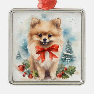 ADORABLE HOLIDAY CHRISTMAS POMERANIAN PUPPY METAL TREE DECORATION