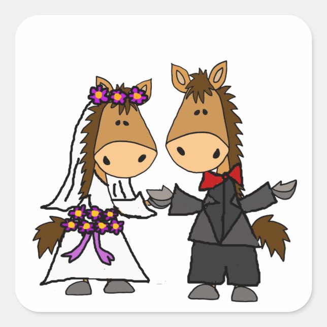 Adorable Horse Bride and Groom Wedding Square Sticker (Front)