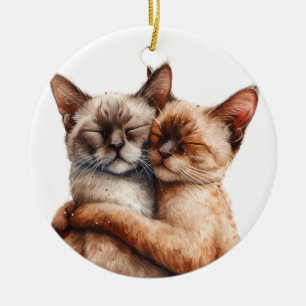 ADORABLE HUGGING SIAMESE CATS CERAMIC TREE DECORATION