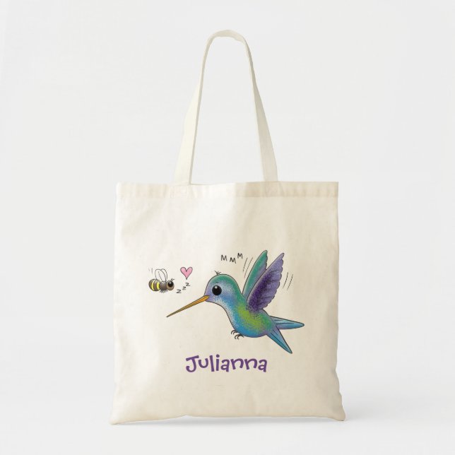 Adorable hummingbird and bee cartoon illustration tote bag (Front)