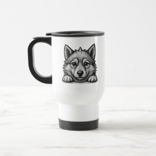 Adorable Husky Puppy Wood Engraving Style Travel Mug