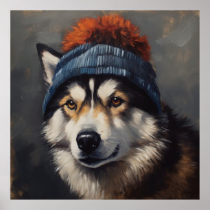 Adorable husky wearing cute winter hat  poster