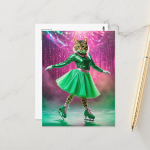 Adorable Ice Skating Cat in Green Postcard