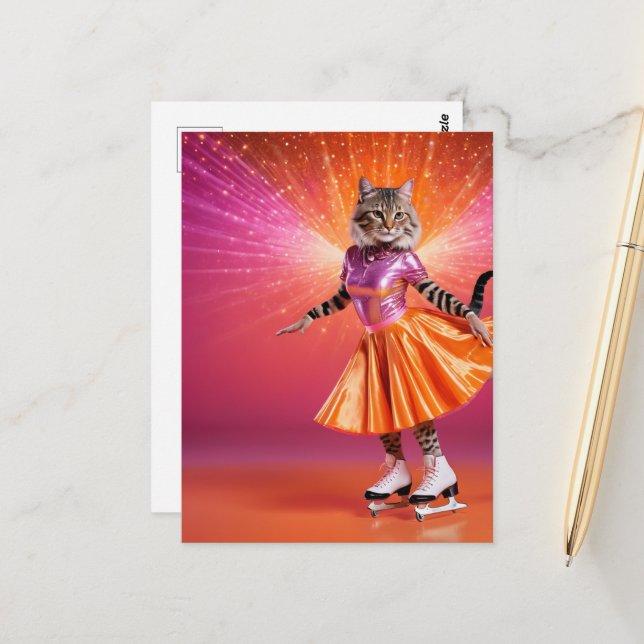Adorable Ice Skating Cat in Pink Orange Postcard (Front/Back In Situ)