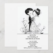 Adorable illustrated couple wedding invitation