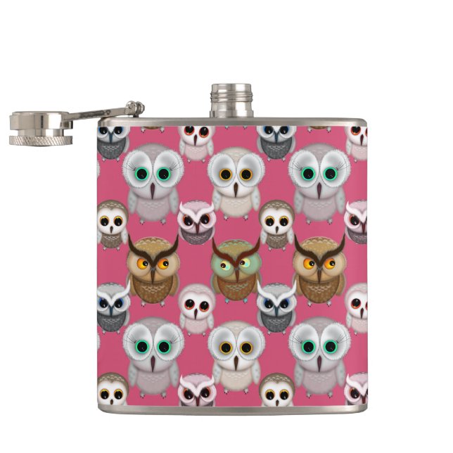 Adorable Illustrated Owls Pattern Hip Flask (Opened)