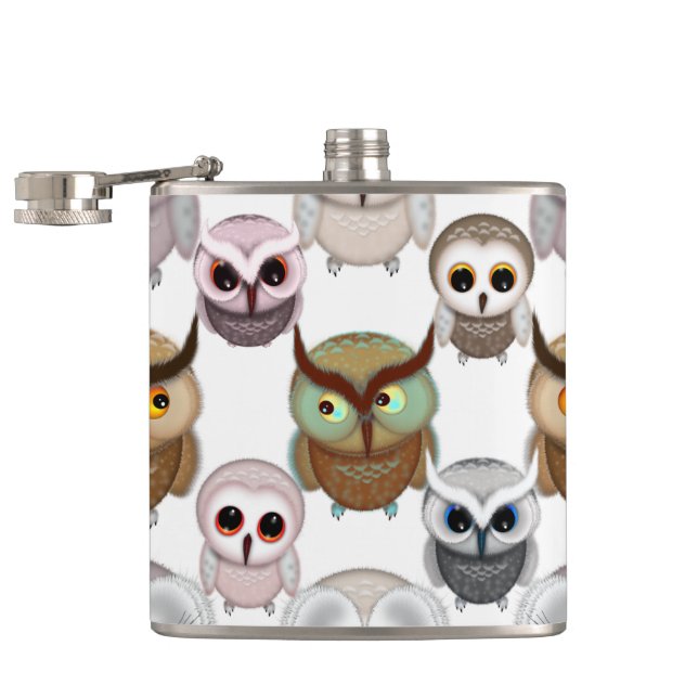 Adorable Illustrated Owls Pattern Hip Flask (Opened)