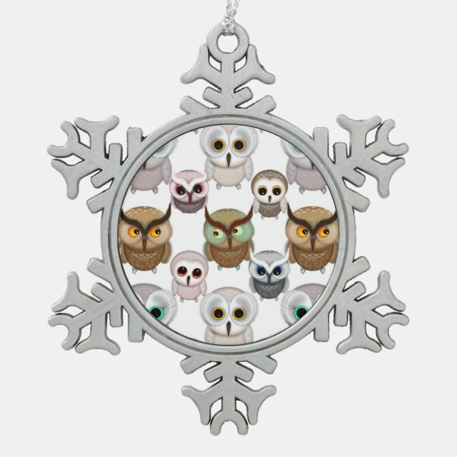 Adorable Illustrated Owls Pattern Snowflake Pewter Christmas Ornament (Front)