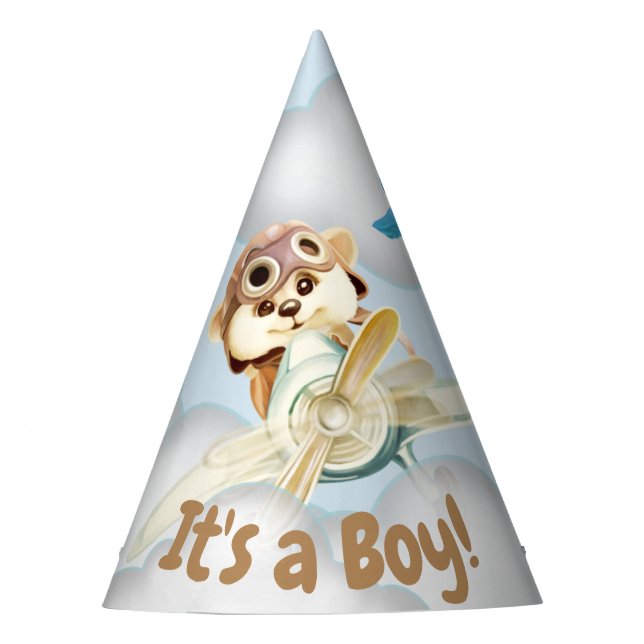 Adorable "It's a Boy!" Chipmunk flying an Aeroplan Party Hat (Front)