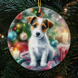 Adorable Jack Russell Terrier Watercolor Christmas Ceramic Tree Decoration