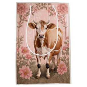 Adorable Jersey Cow Pink Floral Medium Gift Bag