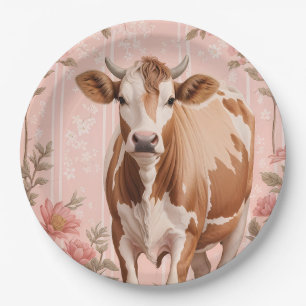 Adorable Jersey Cow Pink Floral Paper Plate
