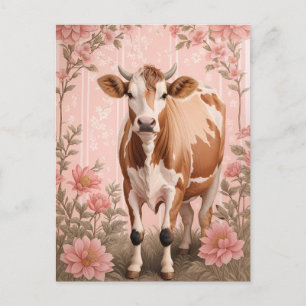 Adorable Jersey Cow Pink Floral Postcard