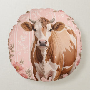 Adorable Jersey Cow Pink Floral Round Cushion