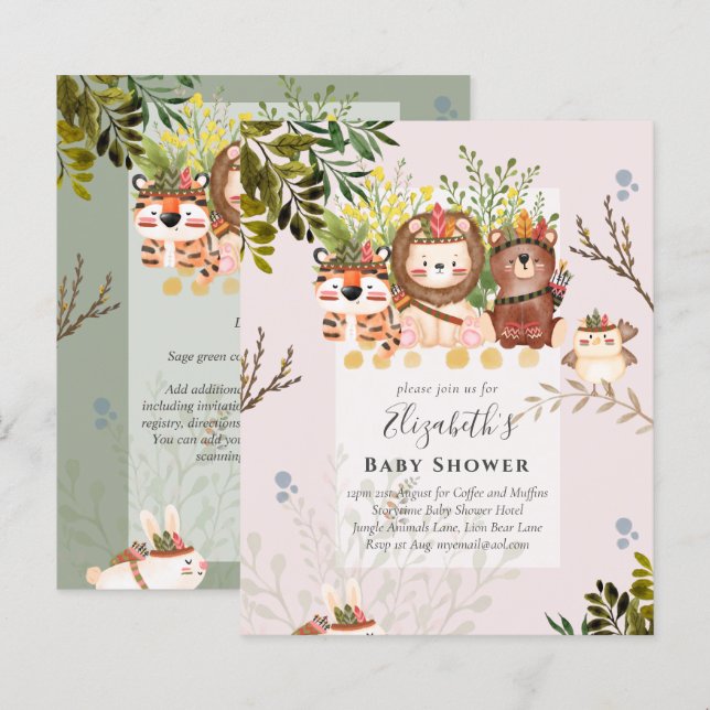 Adorable Jungle Animals Baby Boys Shower Invite (Front/Back)