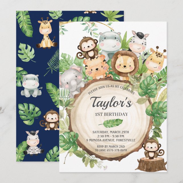 Adorable Jungle Animals Greenery 1st Birthday Invitation (Front/Back)