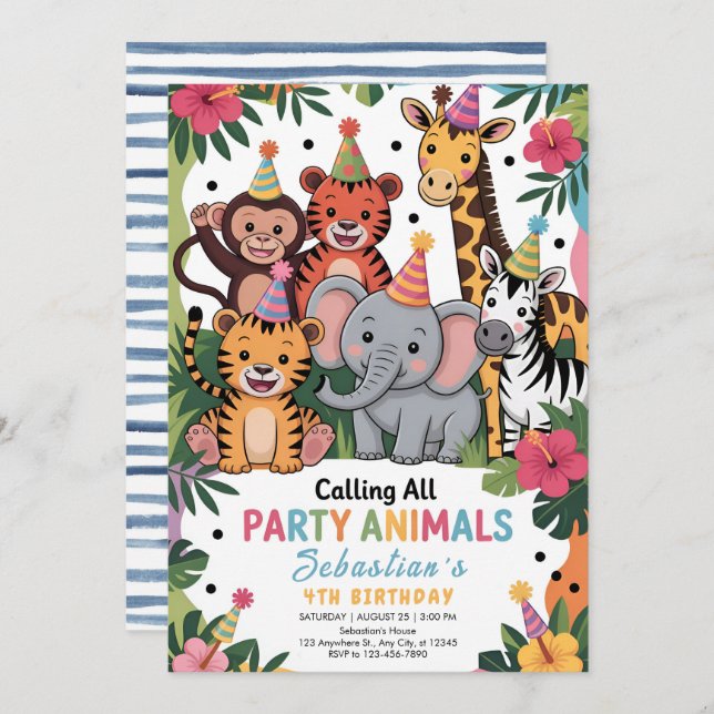 Adorable Jungle Party Animals Birthday Invitation (Front/Back)