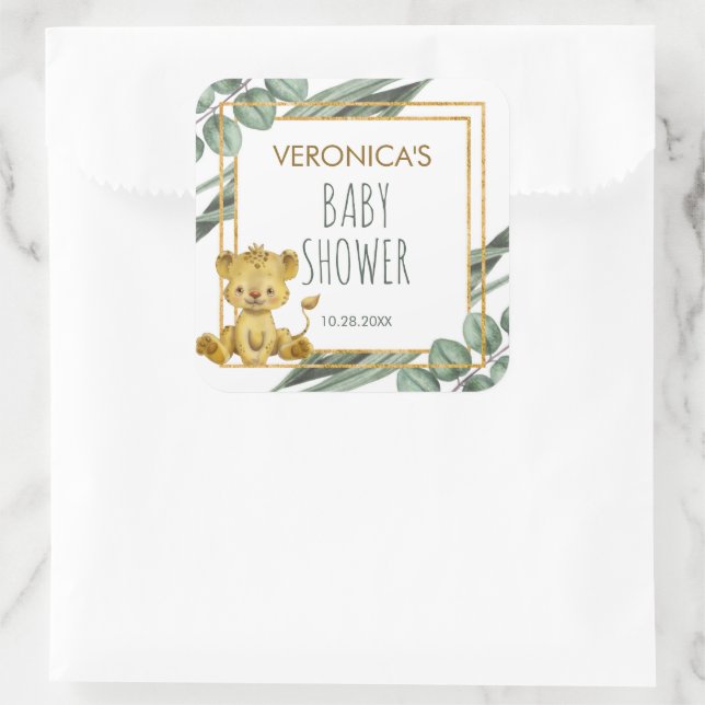 Adorable Jungle Safari Lion Baby Shower Square Sticker (Bag)