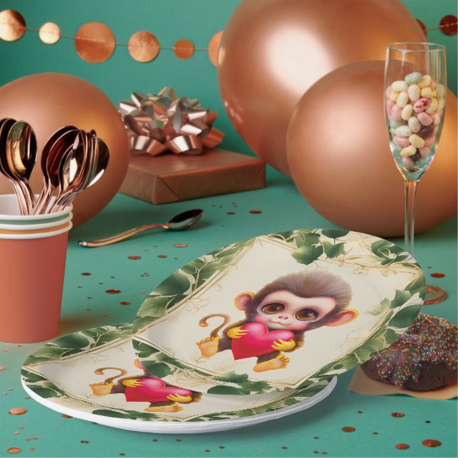 Adorable Jungle Valentine Monkey Paper Plate (Multi)