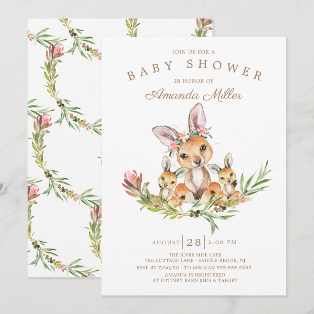 Adorable Kangaroo Mum & Babies Twins Baby Shower Invitation (Front/Back)