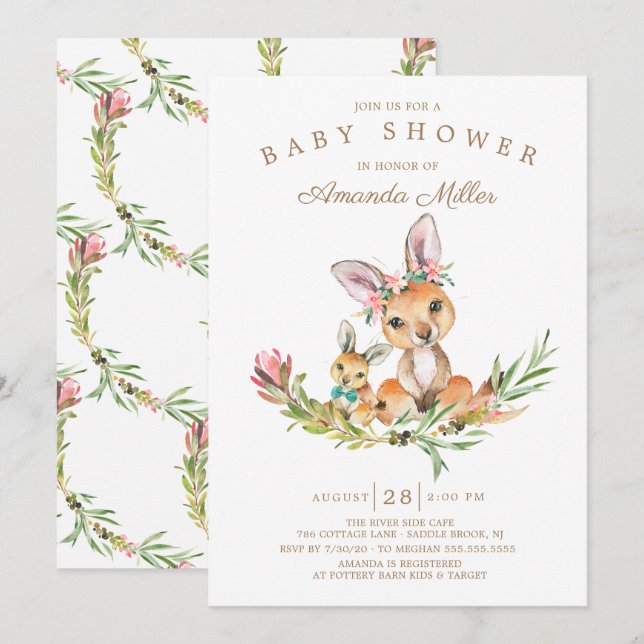 Adorable Kangaroo Mum & Baby Boys Baby Shower Invitation (Front/Back)