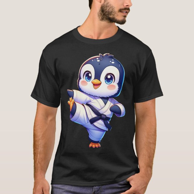 Adorable Karate Penguin Crane Kick Pose  T-Shirt (Front)