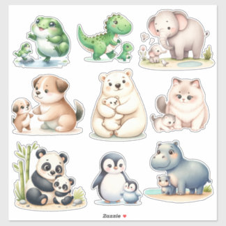 Adorable Kawaii Animals: Baby and Mother Stickers