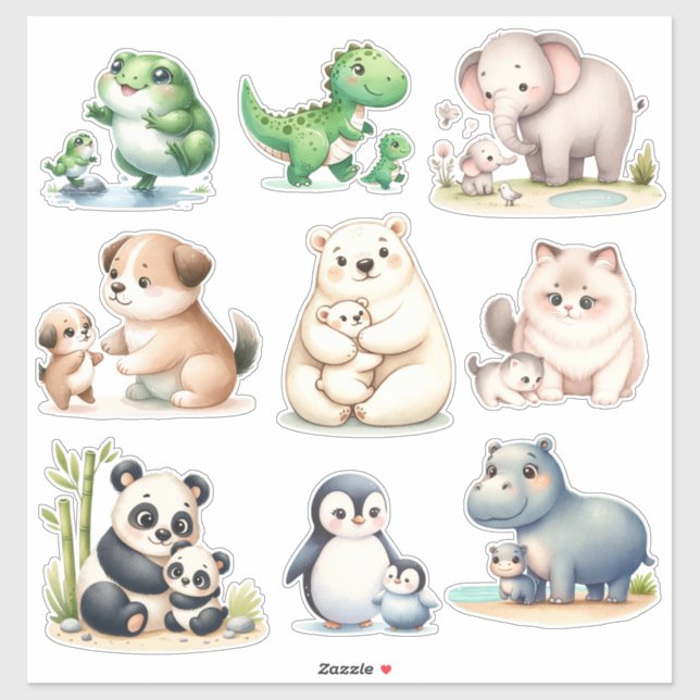Adorable Kawaii Animals: Baby and Mother Stickers (Sheet)