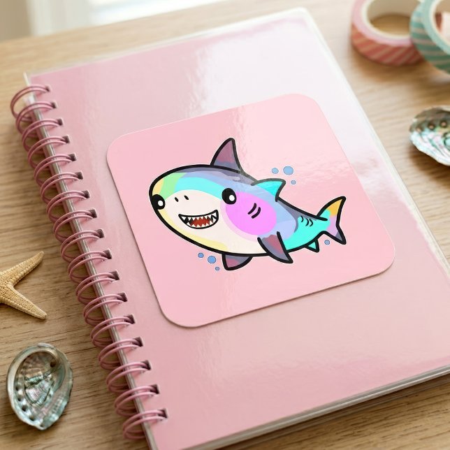 Adorable Kawaii Baby Shark with Rainbow Pastels Square Sticker (Adorable Kawaii Baby Shark with Rainbow Pastels. Square Sticker)