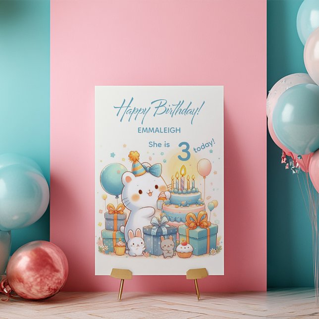 Adorable Kawaii Bear Birthday for 3 Year Old  Card (Creator Uploaded)