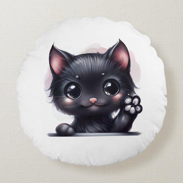 Adorable Kawaii Black Cat Round Cushion (Front)