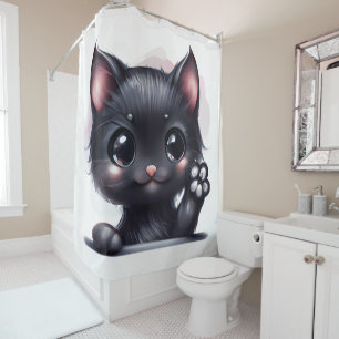Adorable Kawaii Black Cat Shower Curtain
