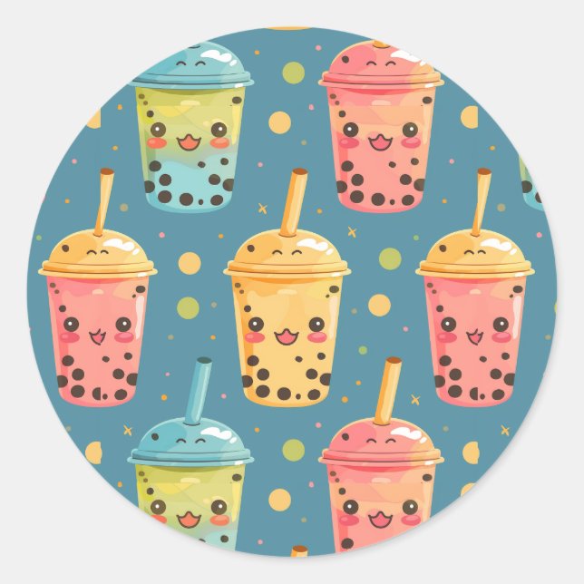 Adorable Kawaii Boba Drink Design Classic Round Sticker (Front)
